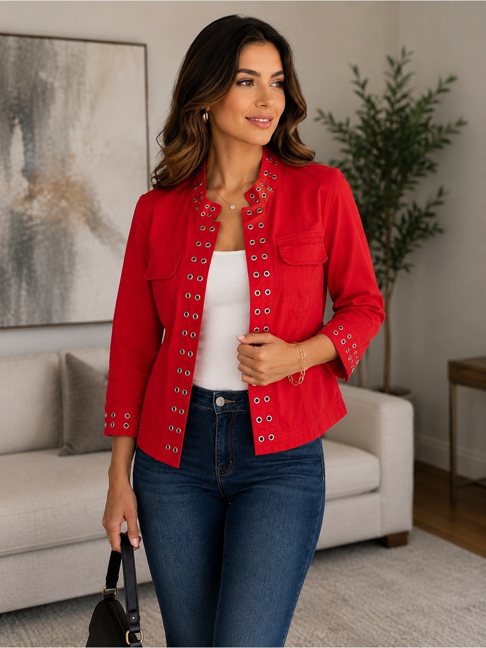 Live a Little Red Grommet Eyelet Jacket Size L Y2K Stretch Cotton